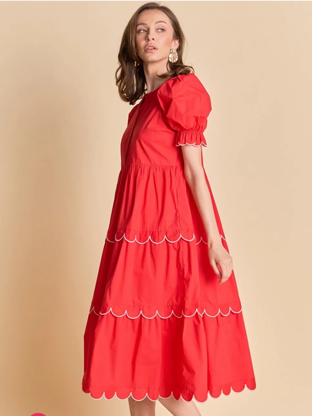 ENGLISH FACTORY Scalloped Edge red Midi Dress With Pockets Size XS NWT